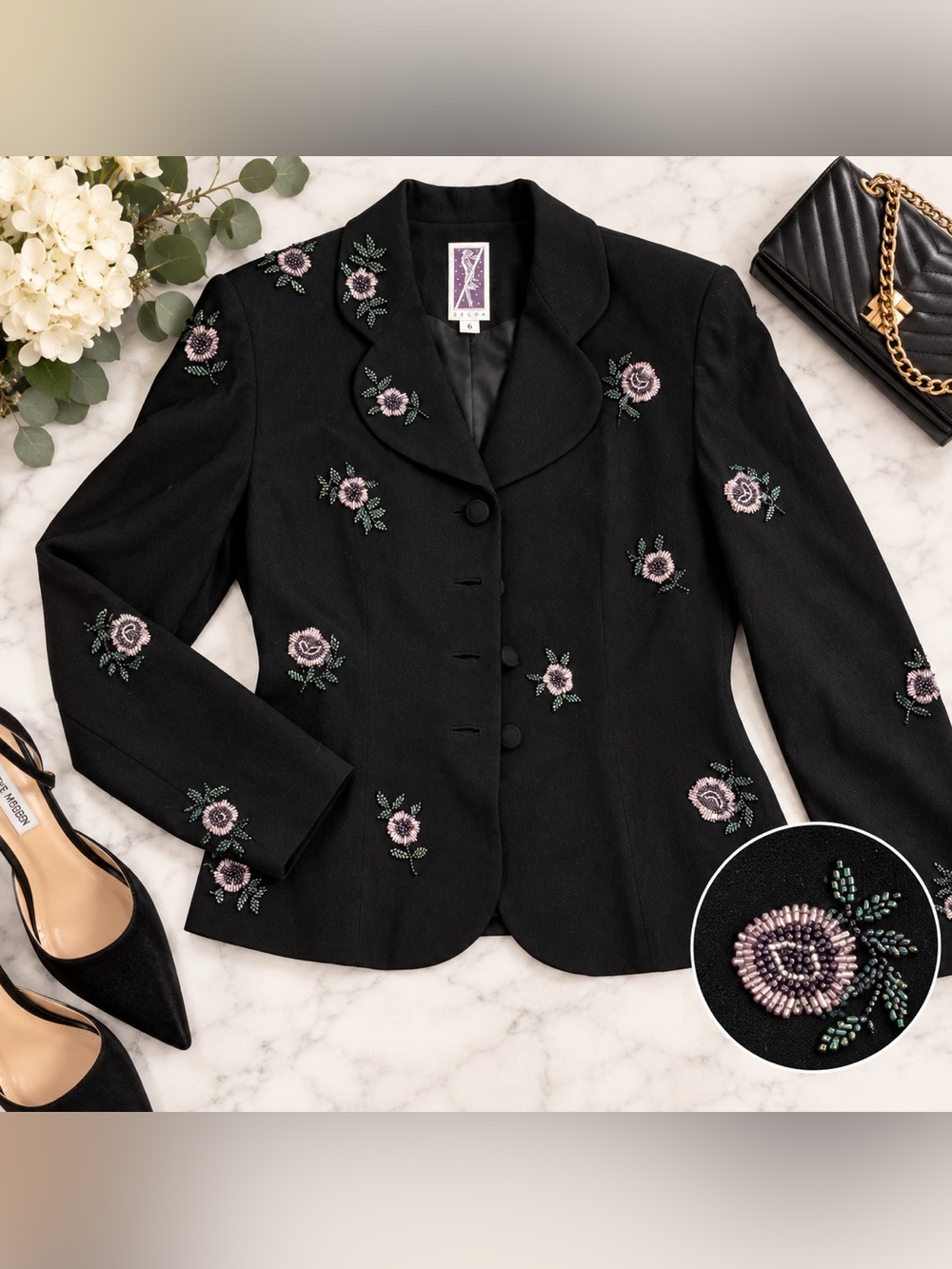 Vintage ZELDA Beaded Floral Blazer | Size 6 | Black Statement Jacket